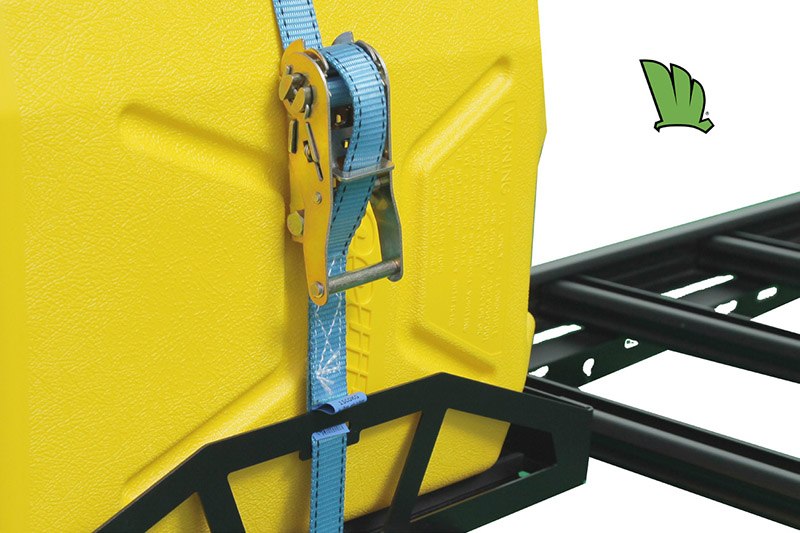 Close up of Jerrycan holder with a Jerrycan in place showing the holding strap and tensioner.