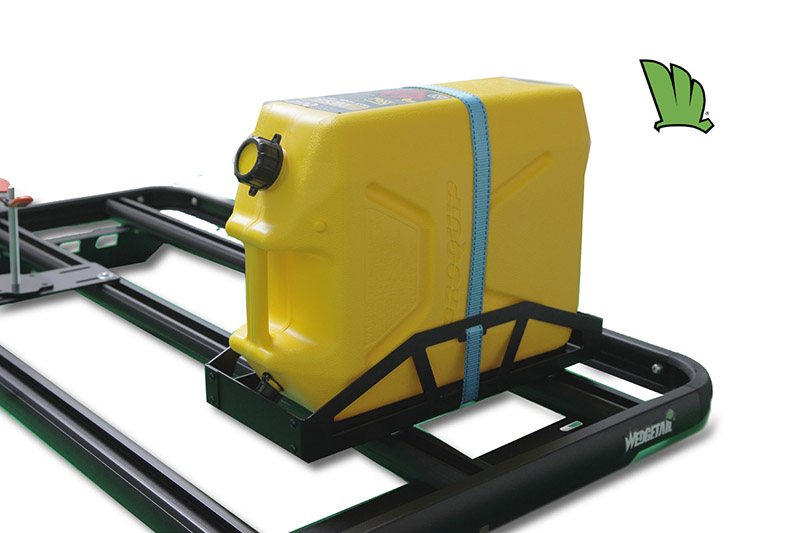 Jerrycan holder with a Jerrycan in place on a Wedgetail roof rack.