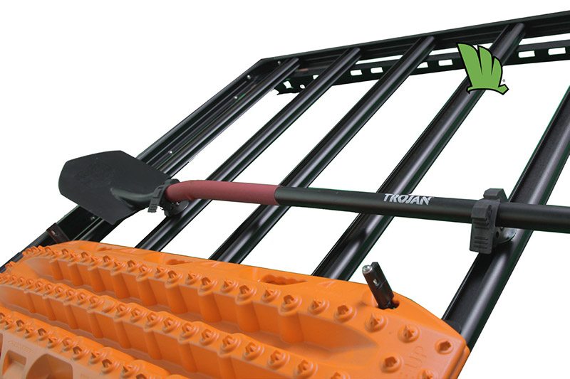 Shovel holder with a shovel in place on a Wedgetail roof rack.