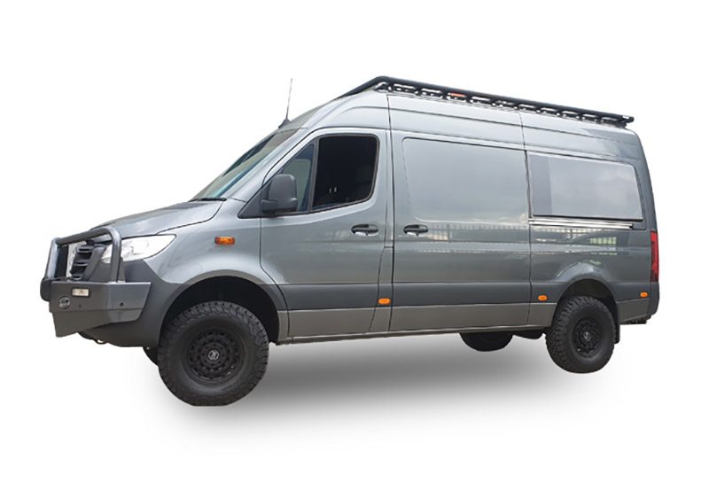 Mercedes-Benz Sprinter with a Wedgetail roof rack installed – hero image.