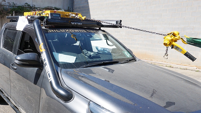 A Wedgetail roof rack in the process of being stress tested.
