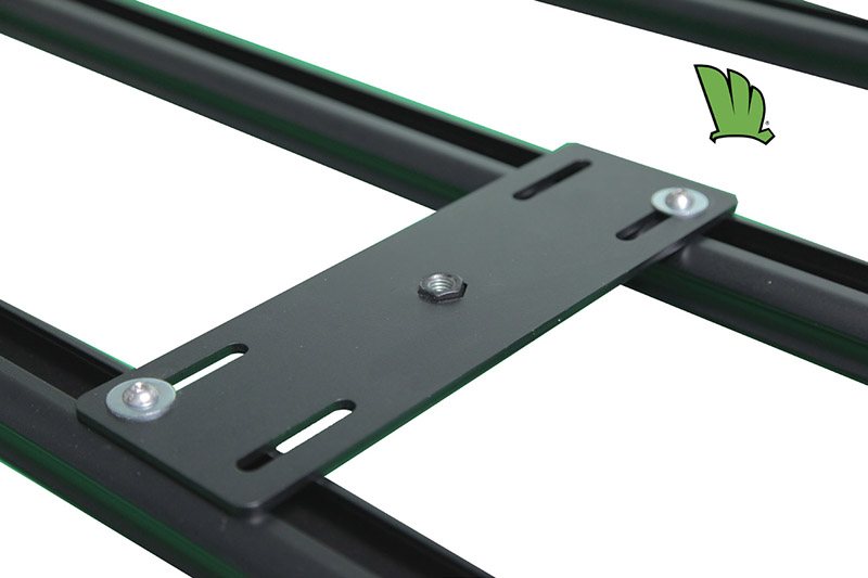 Gas bottle holder base plate is manufactured out of 5 mm steel plate and powder coated to prevent corrosion. It is fixed to the crossbars of the Wedgetail rack using two 8 mm stainless steel bolts.
