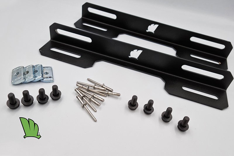 The solar panel mount kit consists of two right angle brackets, eight 8 mm stainless steel bolts, four crossbar inserts and eight aluminium rivets.