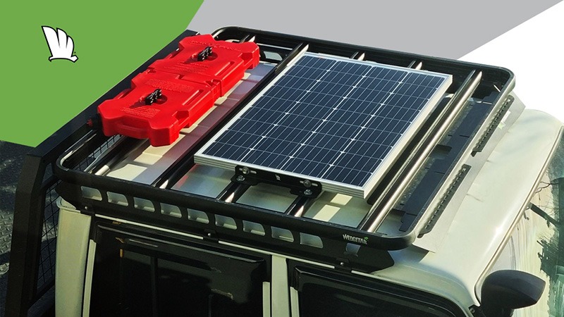Photo from above a Wedgetail rack showing a solar panel mounted on the rack using the solar panel mount kit.