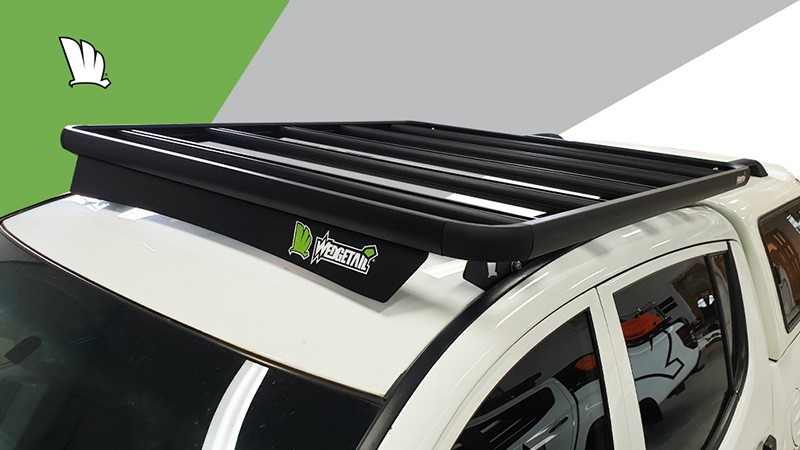 Wedgetail platform roof rack showing the top platform, the strong outer frame and the five cross bars that provide strength to the whole rack. The wind deflector reduces wind noise and assists the aerodynamics of the roof rack.
